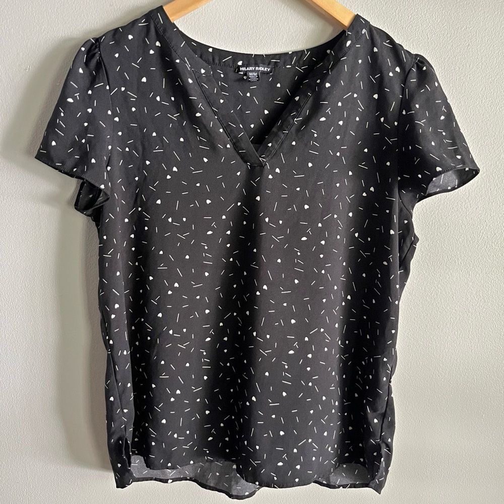 Hilary Radley Black Heart Print Blouse Medium V-Neck Work Top